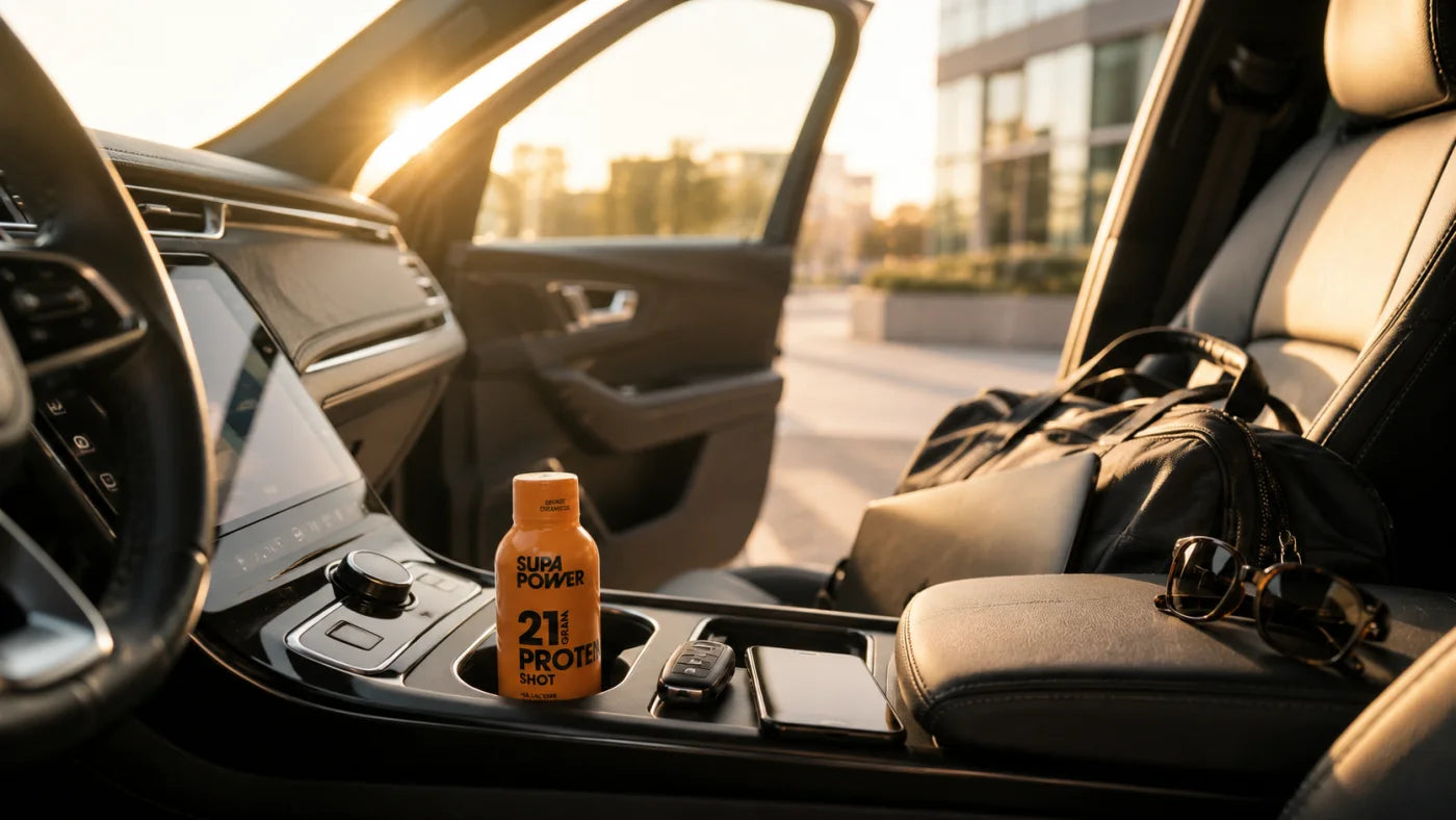 A SUPA POWER shot in a car cupholder with a gym bag, ready on the go
