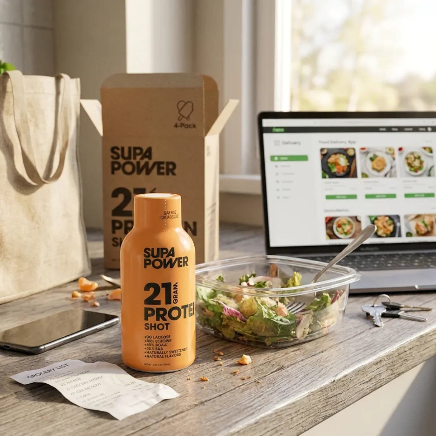 A SUPA POWER shot on a desk with a salad when life gets in the way