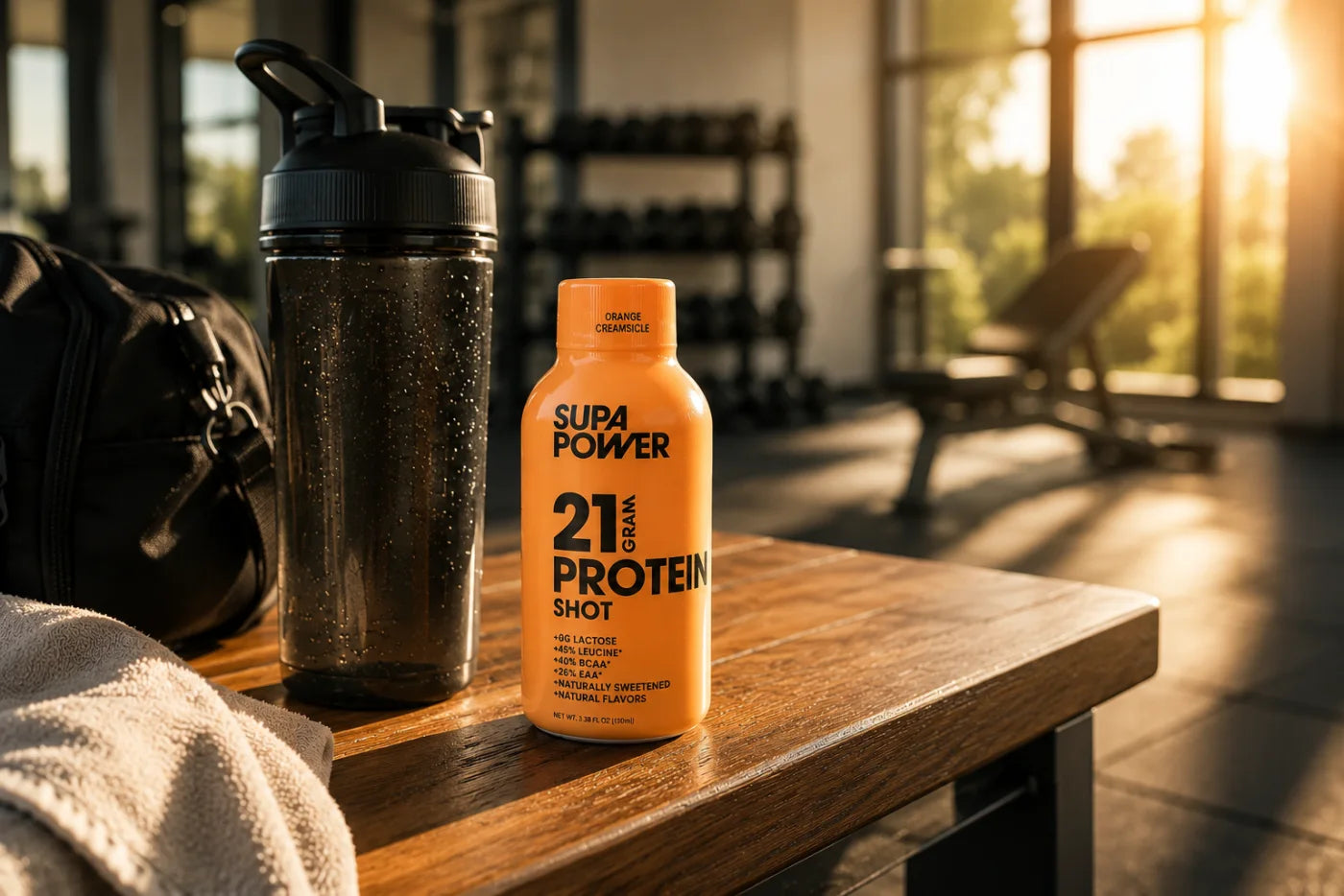 A SUPA POWER shot and shaker on a gym bench before a workout