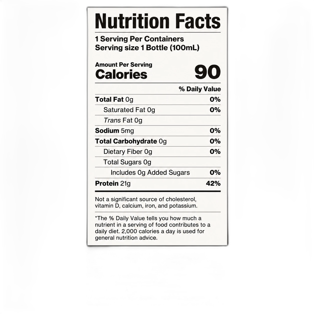 SUPA POWER Nutrition Facts: 90 calories, 21g protein, 0g sugar, made with Beta-Lactoglobulin from whey