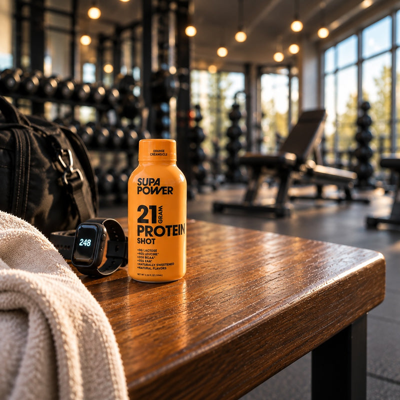 A SUPA POWER shot and shaker on a gym bench before a workout