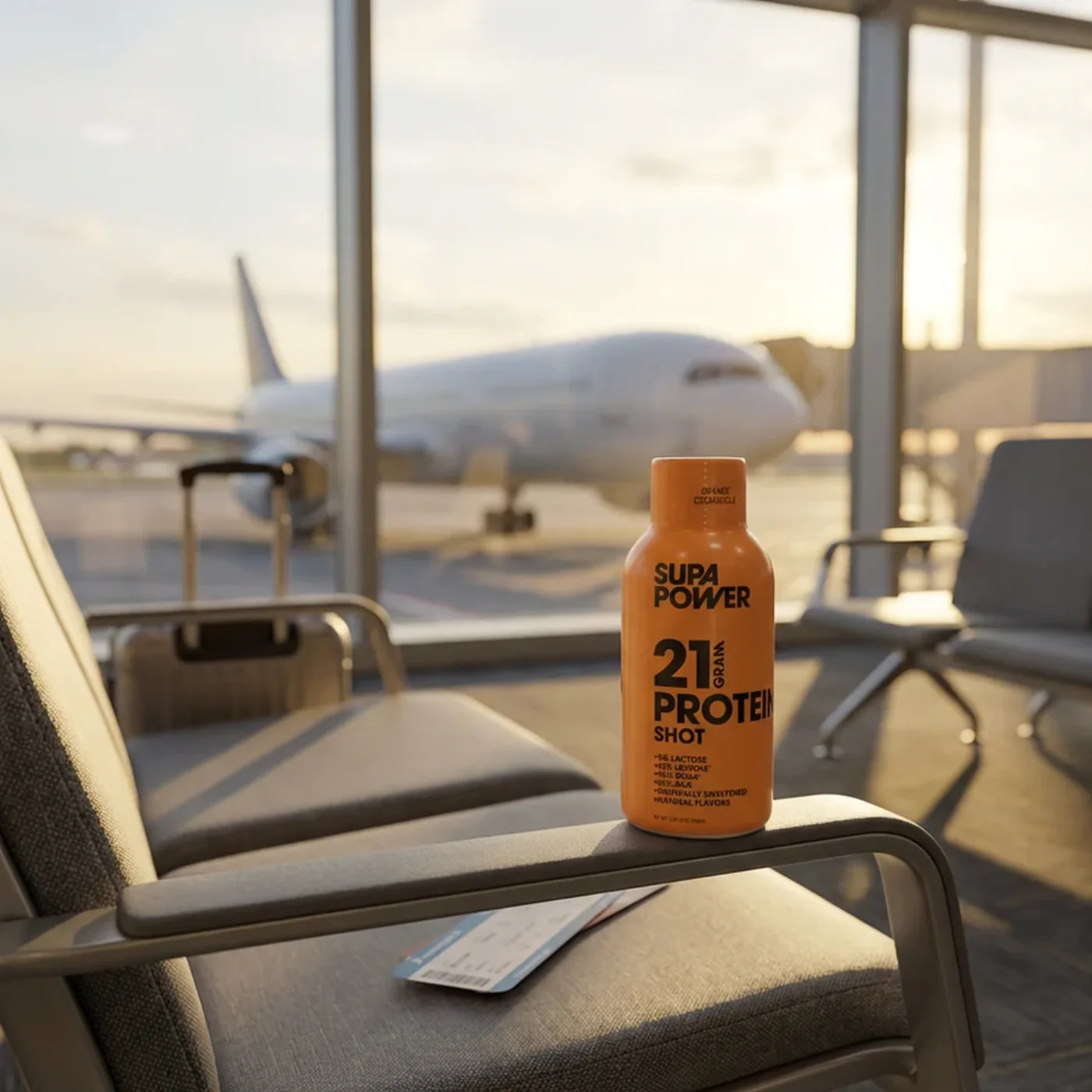 A SUPA POWER shot on an airport chair in between flights